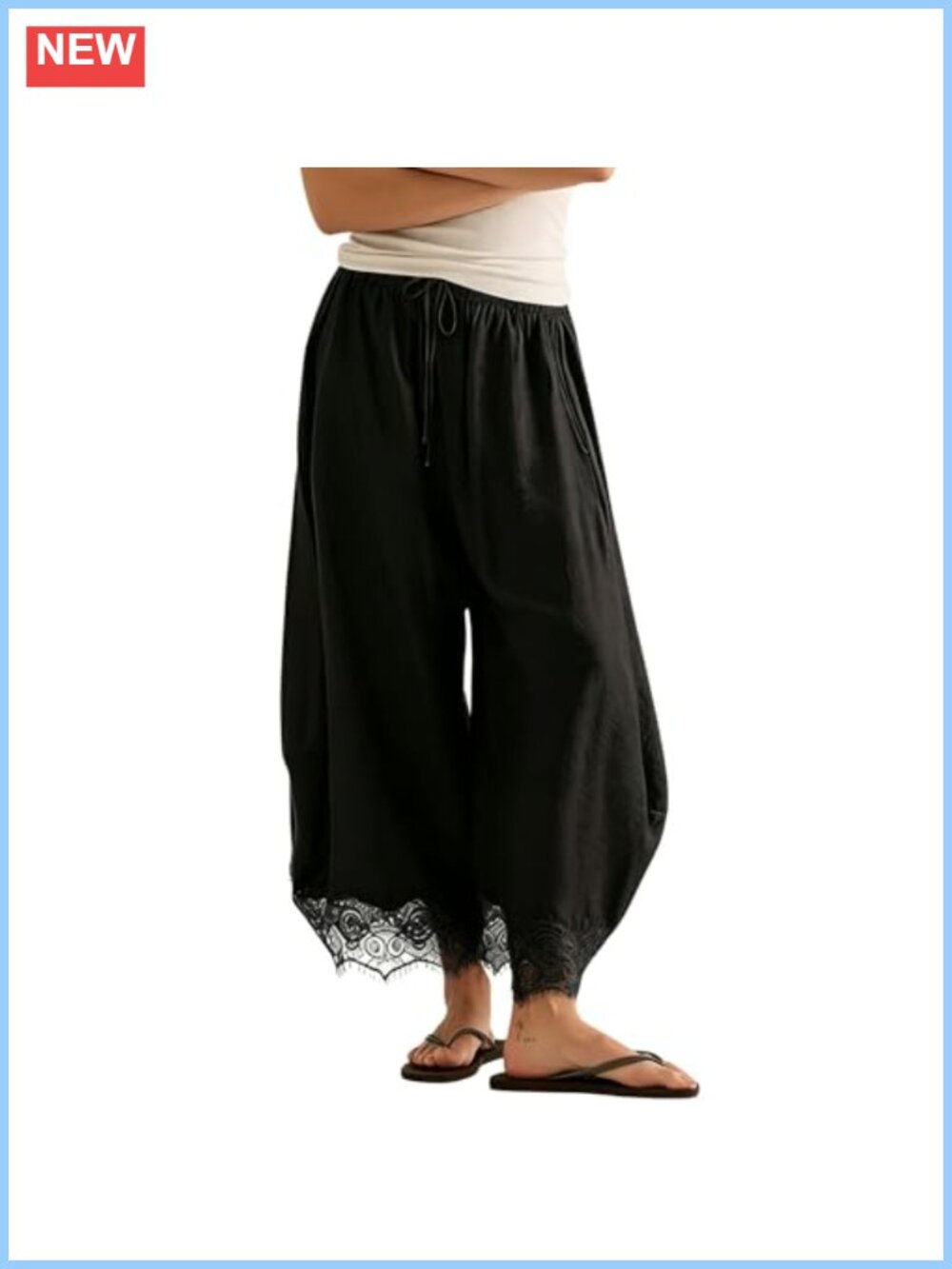 Lace Hem Wide Leg Palazzo Pants High Rise Drawstring